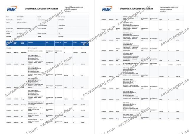 Tanzania NMB Bank account statement Word and PDF template, 2 pages